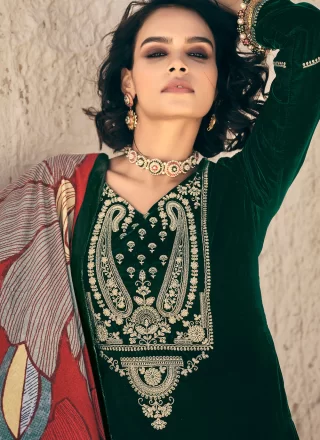 Green Embroidered Work Velvet Salwar Suit