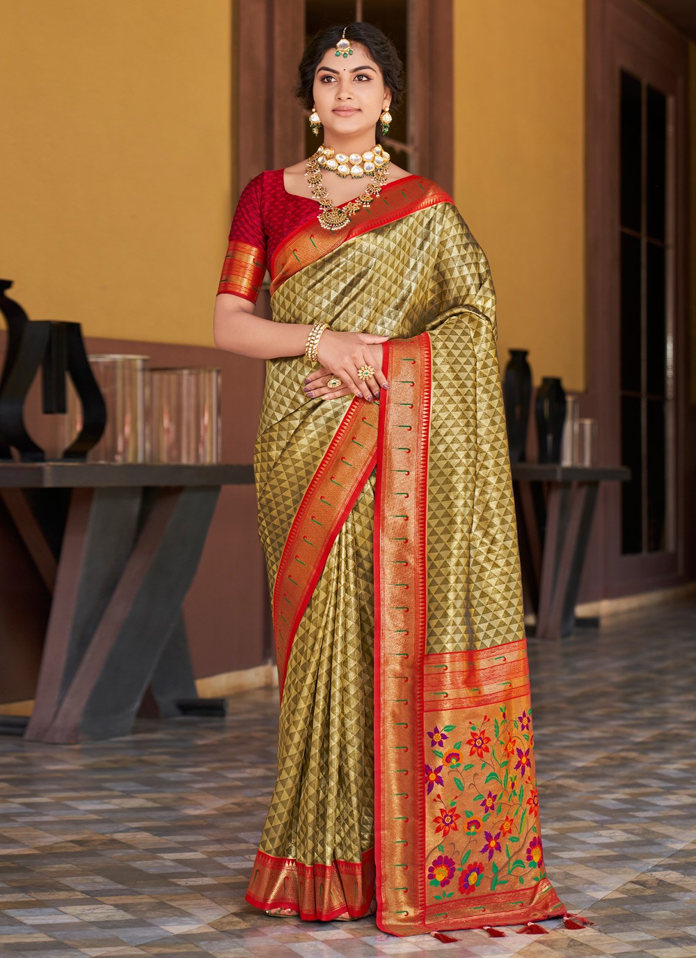 Buy Engagement Wear Pista Green Pure Silk Zari Work Saree Online