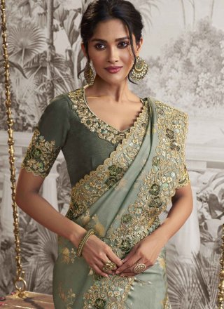 Green Fancy Fabric Embroidered Work Classic Saree