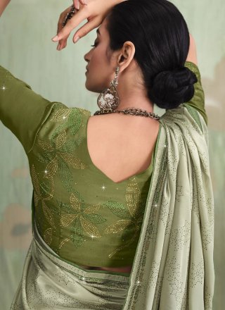 Green Faux Crepe Contemporary Sari with Fancy and Stone Work for Ceremonial