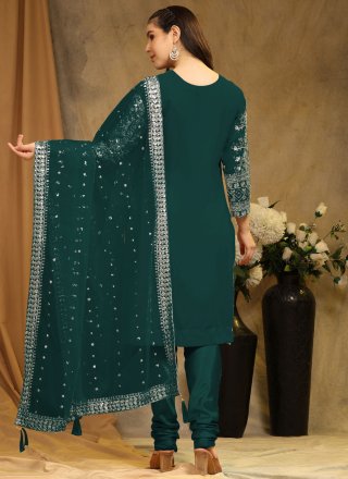 Green Faux Georgette Churidar Suit with Embroidered Work