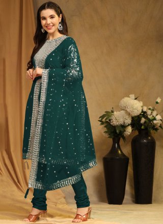 Green Faux Georgette Churidar Suit with Embroidered Work