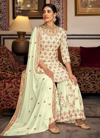 Green Faux Georgette Embroidered and Sequins Work Palazzo Salwar Suit for Ceremonial