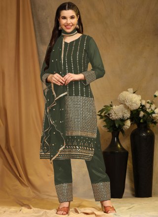 Green Faux Georgette Embroidered Work Pakistani Salwar Suit for Ceremonial