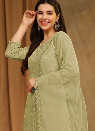 Green Faux Georgette Salwar Suit with Embroidered and Sequins Work