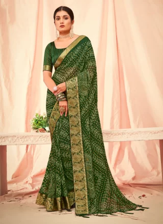 Green Georgette Classic Saree with Patch Border and Print Work for Women