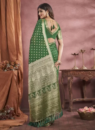 Green Georgette Classic Sari with Weaving Work for Women