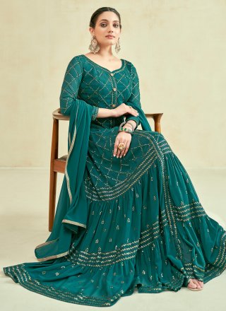 Green Georgette Designer Gown with Embroidered and Sequins Work for Ceremonial