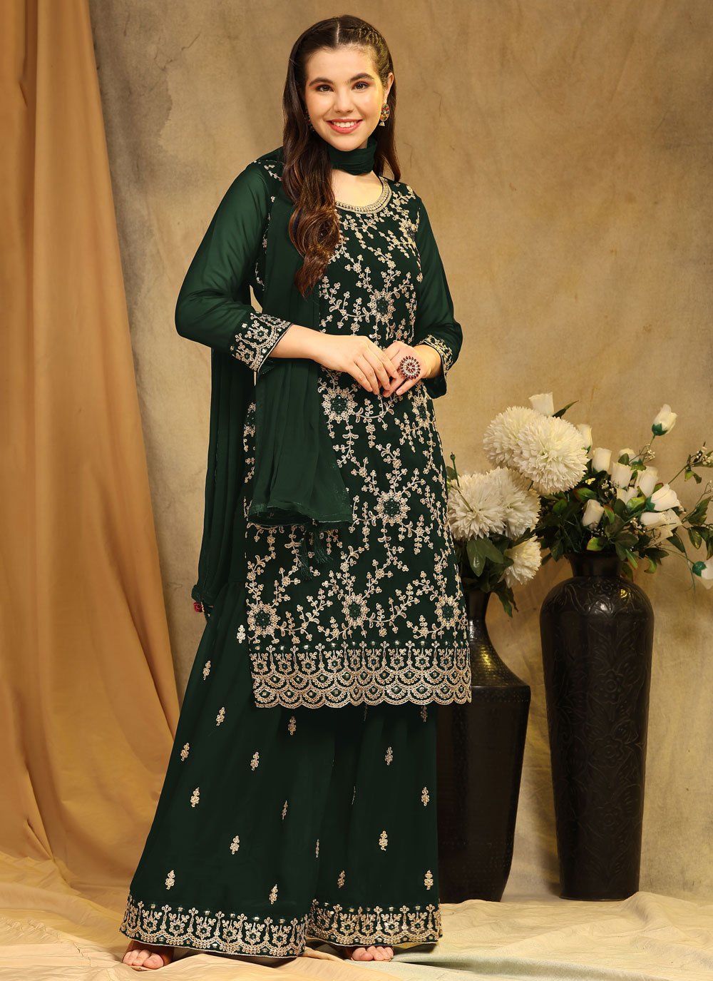 Green Georgette Embroidered Work Palazzo Salwar Suit for Ceremonial