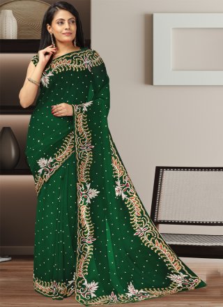 Green Georgette Hand Work Trendy Saree for Women