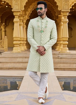 Green Georgette Machine Embroidery and Thread Work Sherwani for Engagement