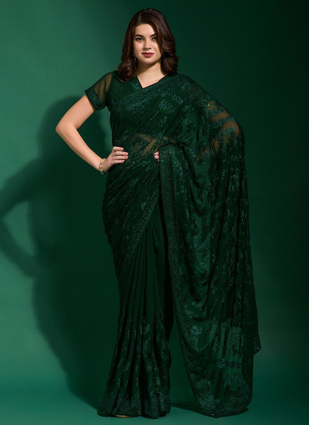Camo Green Georgette Saree With Blouse 260592