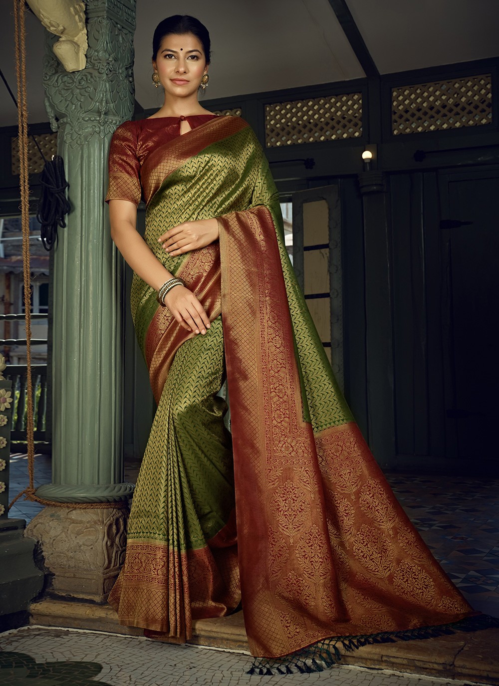 Lavender Purple & Green Kanjivaram Saree - Urban Womania