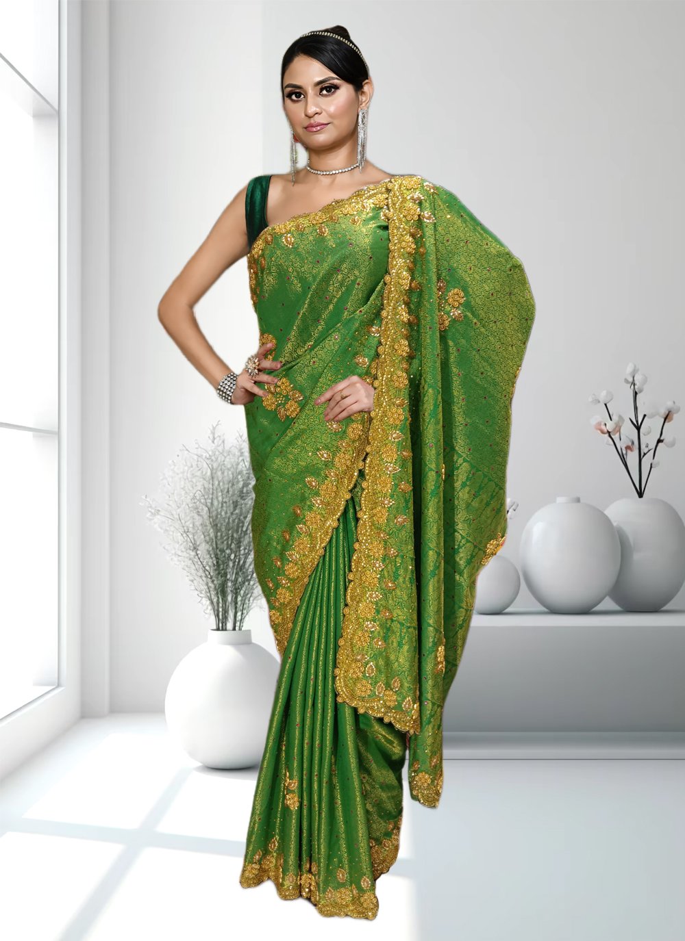 Green Kanjivaram Silk Hand Work Classic Saree for Engagement