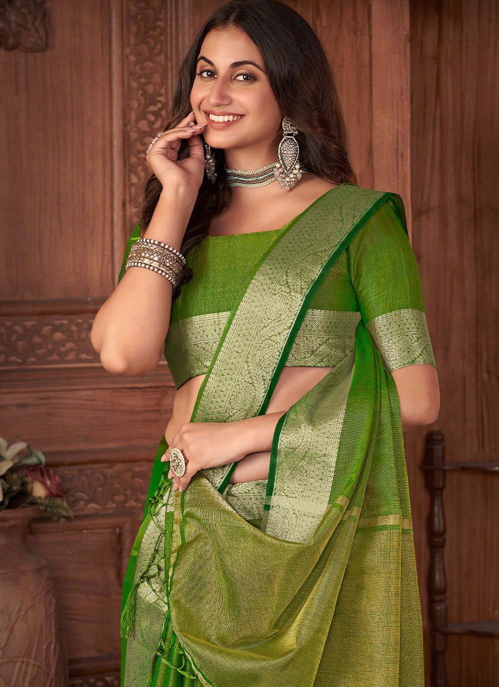 Green Khadi Silk Sangeet Saree buy online