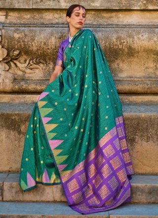 Green Khadi Silk Weaving Work Classic Sari for Ceremonial