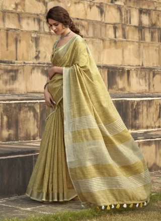 Green Linen Casual Saree with Print Work