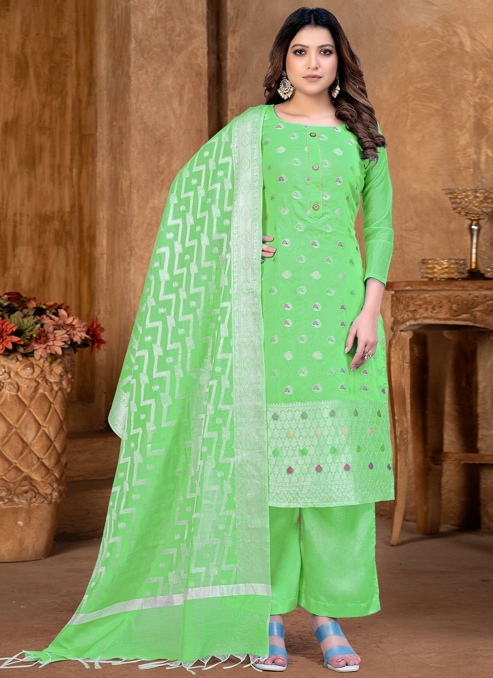 Green Mehndi Long Length Salwar Suit