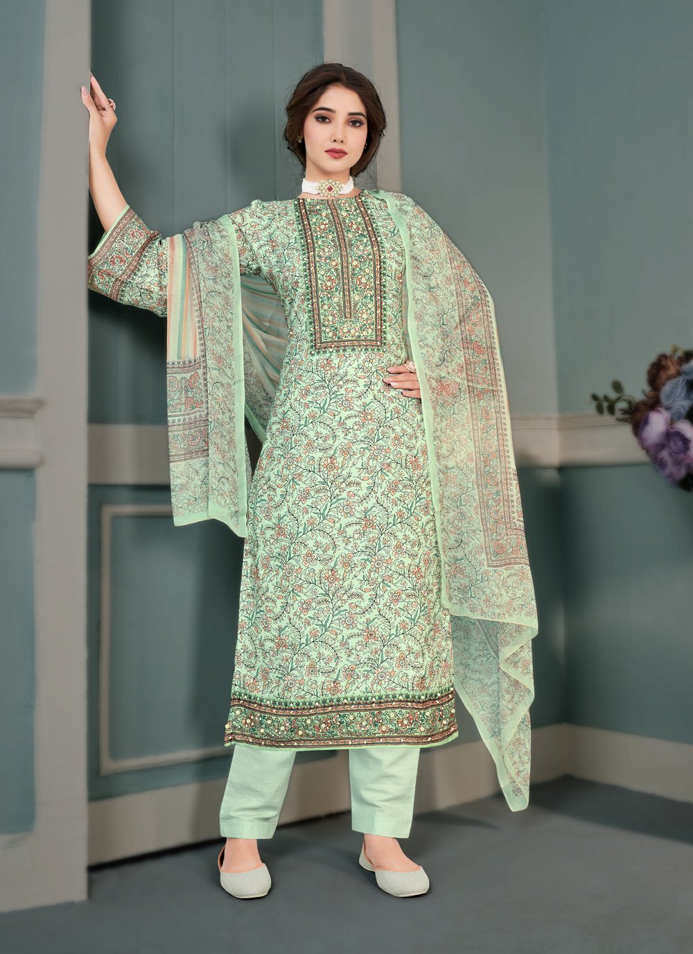 Green Muslin Ceremonial Pant Style Suit