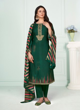 Green Muslin Embroidered Trendy Suit