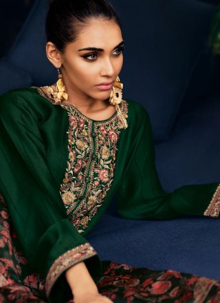 Green Muslin Embroidered Work Pakistani Salwar Suit for Ceremonial