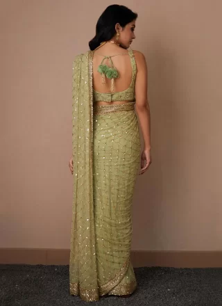 Green Net Cord and Embroidered Work Contemporary Sari for Women