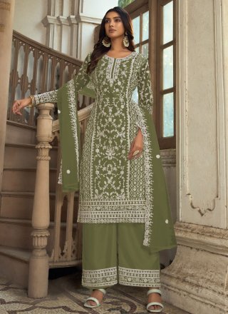 Green Net Embroidered and Resham Work Palazzo Salwar Suit for Ceremonial