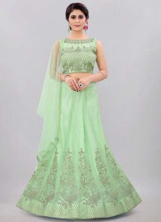 Green Net Embroidered and Zari Work Lehenga Choli for Women