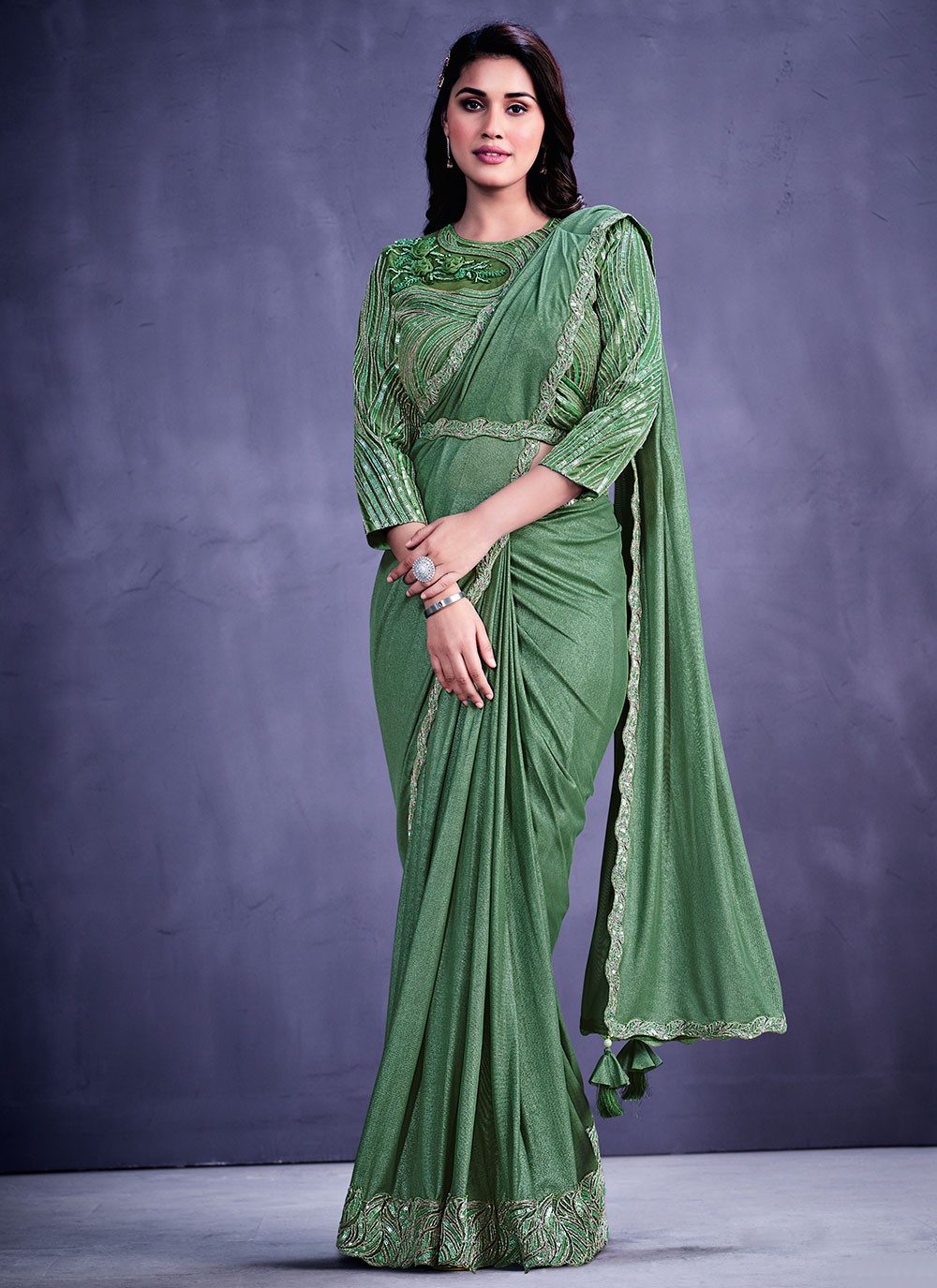 Green Net Saree