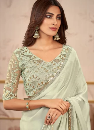 Green Organza Classic Saree with Patch Border and Embroidered Work for Ceremonial