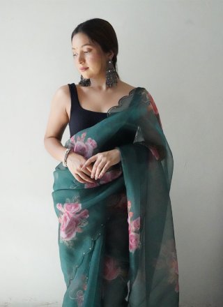 Green Organza Classic Sari with Digital Print Work for Women