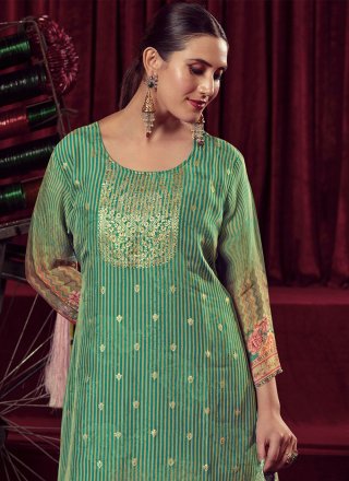 Green Organza Digital Print and Woven Work Palazzo Salwar Suit for Ceremonial