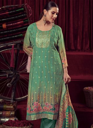 Green Organza Digital Print and Woven Work Palazzo Salwar Suit for Ceremonial