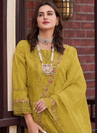 Green Organza Pakistani Salwar Suit with Embroidered and Khatli Work for Ceremonial