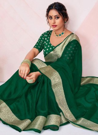 Green Organza Traditional Saree with Patch Border and Woven Work for Casual