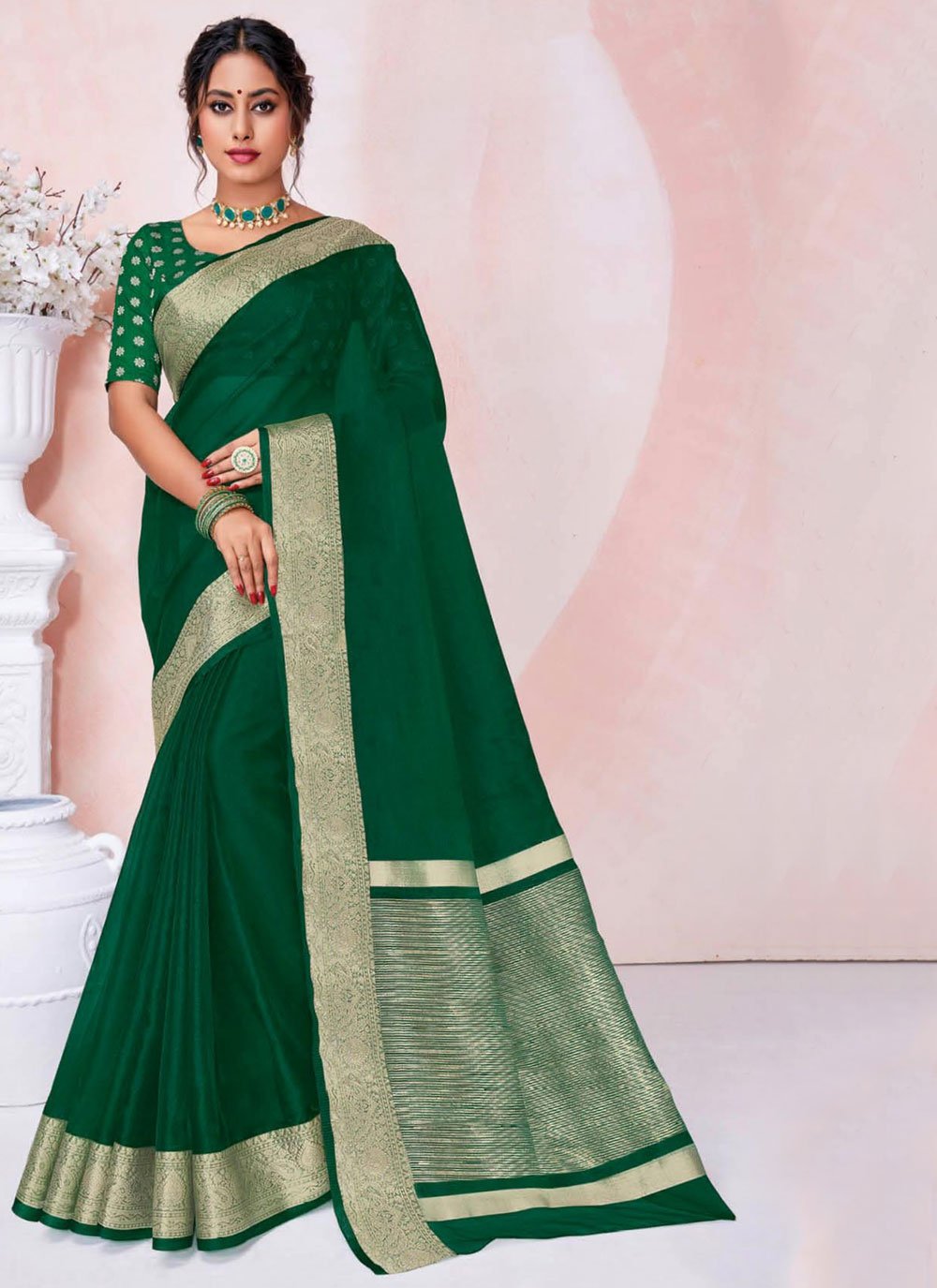 Green Floral Woven Organza Saree