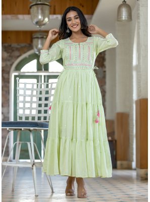 Green Party Cotton Readymade Gown