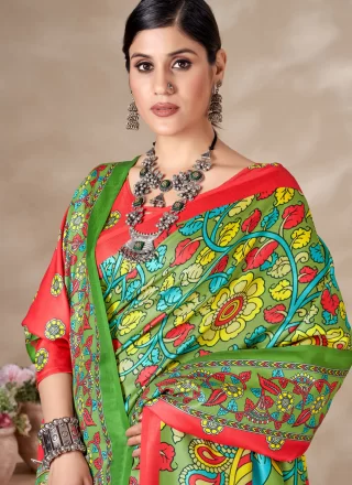 Green Pashmina Digital Print Work Classic Sari