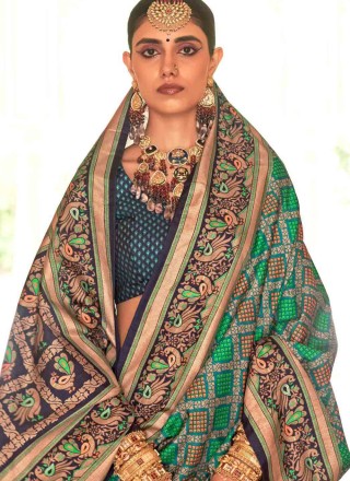 Green Print Silk Designer Saree