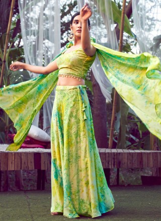 Green Print Silk Readymade Lehenga Choli