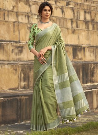 Print Work Linen Classic Sari In Green for Festival
