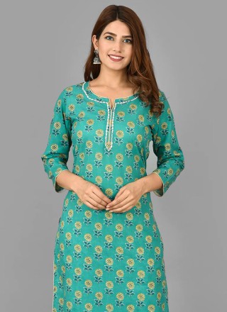 Green Printed Cotton Designer Salwar Suit