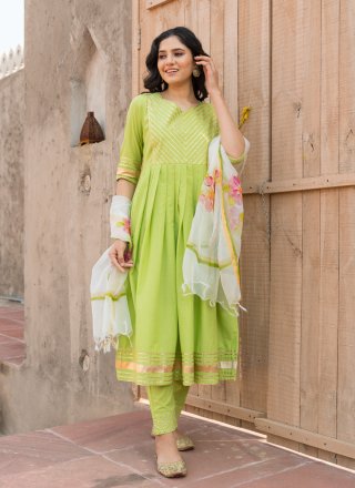 Green Printed Cotton Pant Style Suit