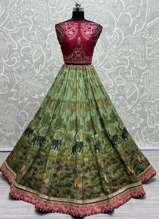Green Pure Silk Lehenga Choli with Embroidered and Print Work for Women