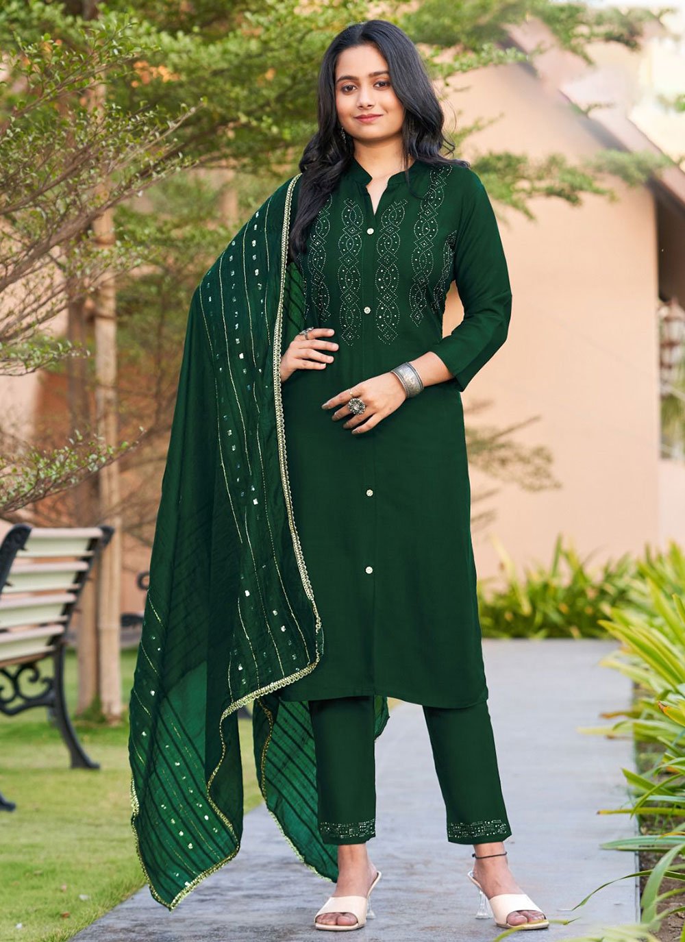 Green Rayon Readymade Suit