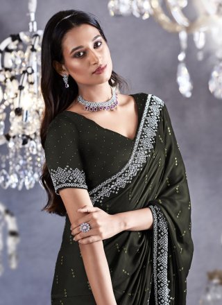 Green Satin Embroidered Work Designer Saree for Women