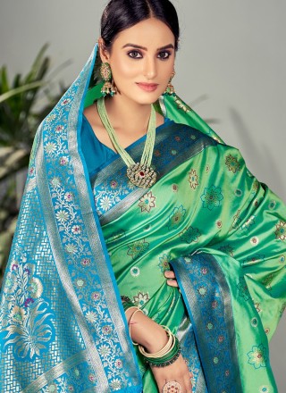 Green Satin Silk Contemporary Style Saree