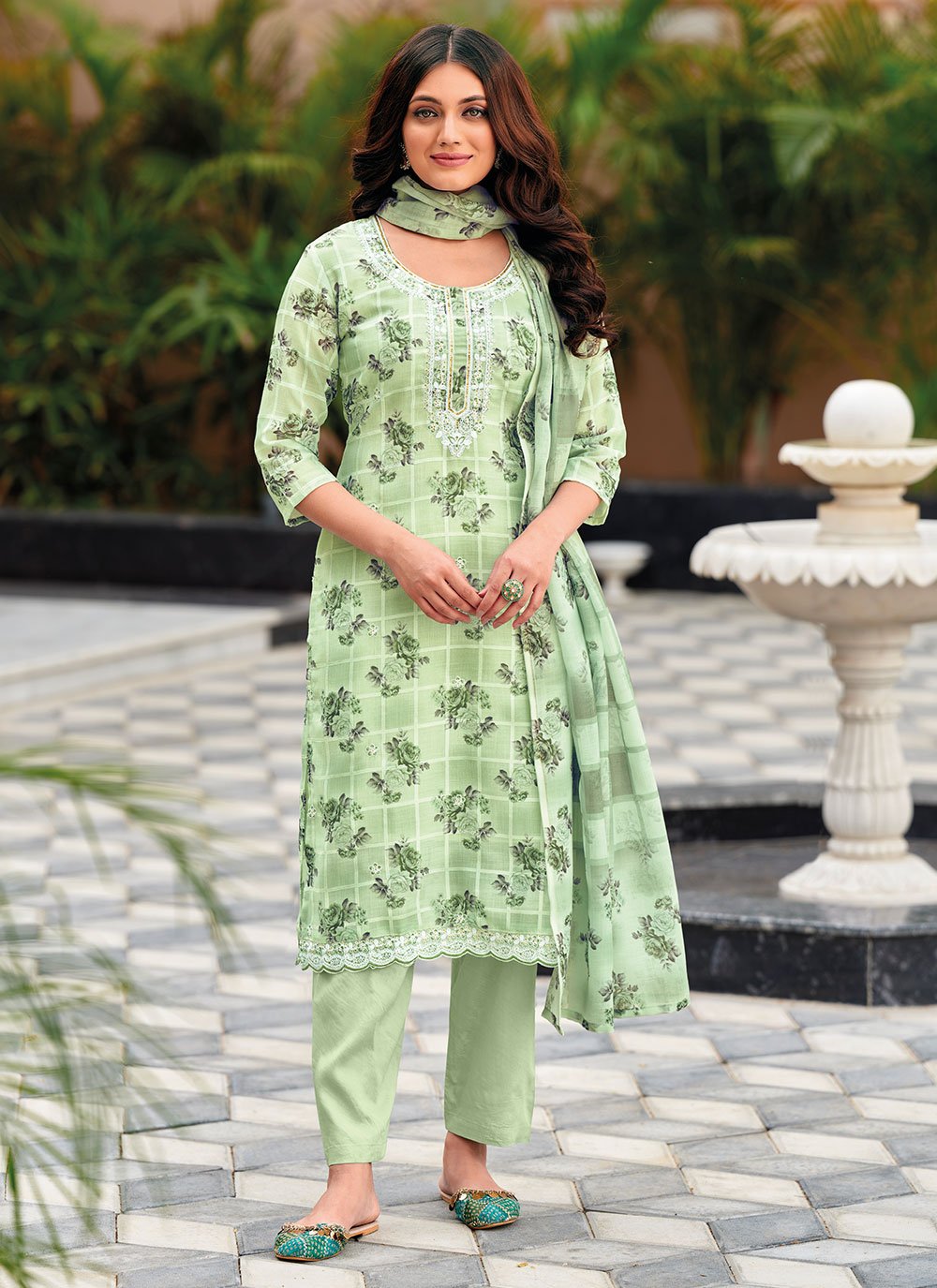 Green Sequins Linen Trendy Salwar Kameez