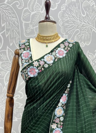 Green Sequins Vichitra Silk Trendy Saree