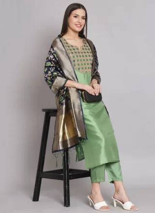 Green Silk Blend Embroidered Work Pant Style Suit for Festival